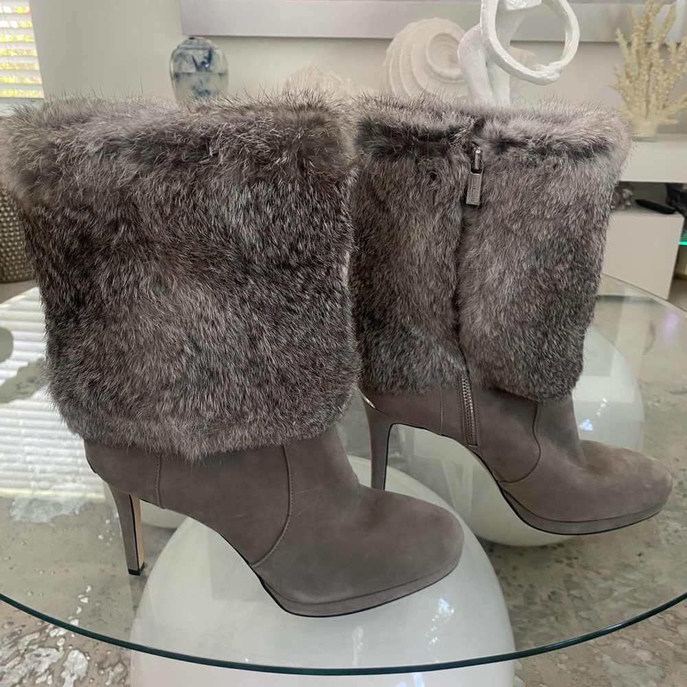 Michael Kors Gray Suede with Rabbit Fur Heeled Boots